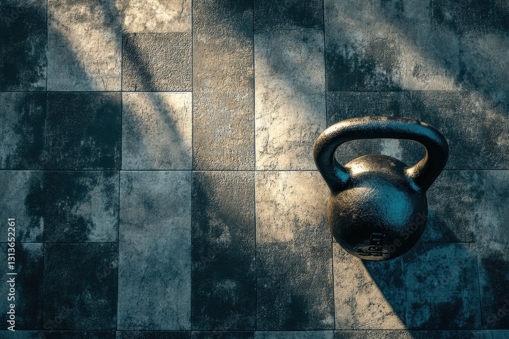 Aufkleber Focused kettlebell resting on gym floor with soft lighting and ample space for text area in the top left Generative AI