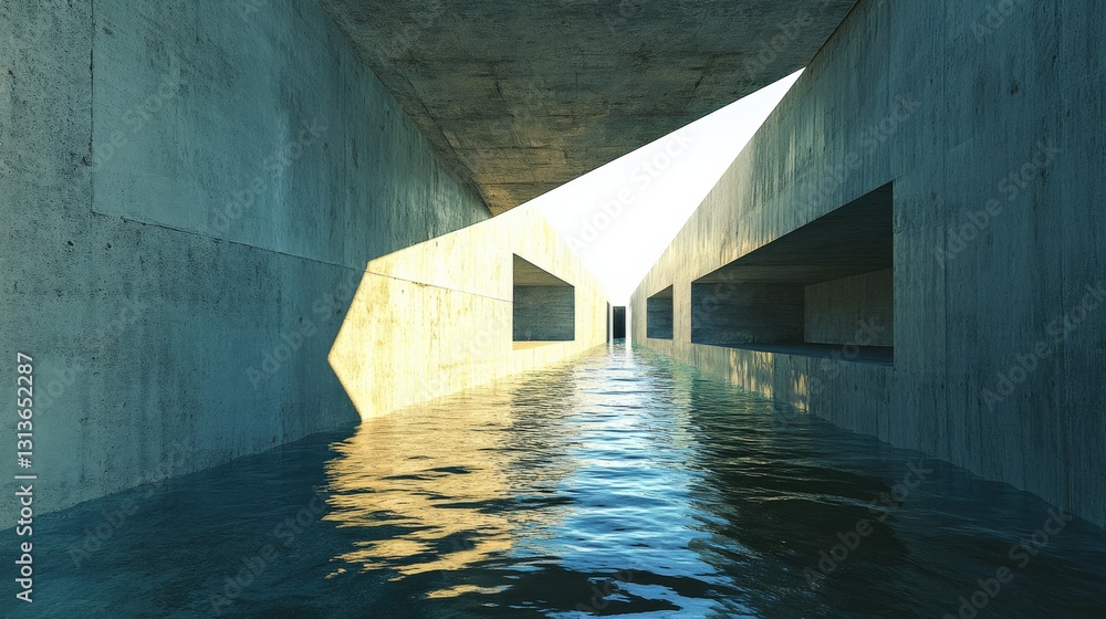 Poster serene architectural waterway with angular concrete structures reflecting sunlight and calm water