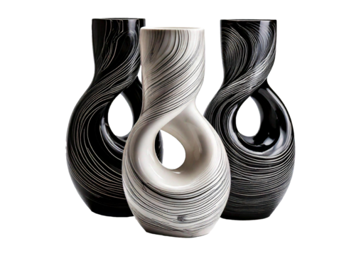 Textured black and white ceramic vases with a swirling pattern and modern design, isolated on transparent or white background