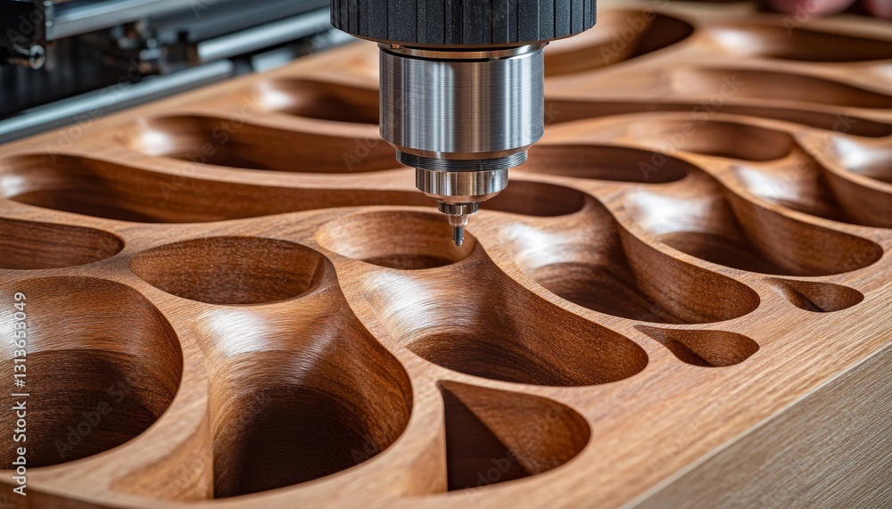Poster cnc router creating intricate carvings in wood, showcase of manufacturing precision and technology