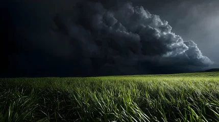 Fototapete A dramatic landscape features a vast field and ominous storm clouds © jumino