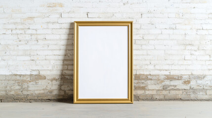 Blank White Canvas in Gold Frame Leaning Against a White Brick Wall in a Vintage Industrial Setting