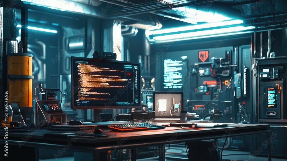 Aufkleber A rugged industrial space featuring a computer with dynamic programming code on screen, amidst exposed wires, metal panels, and a gritty tech-heavy atmosphere.