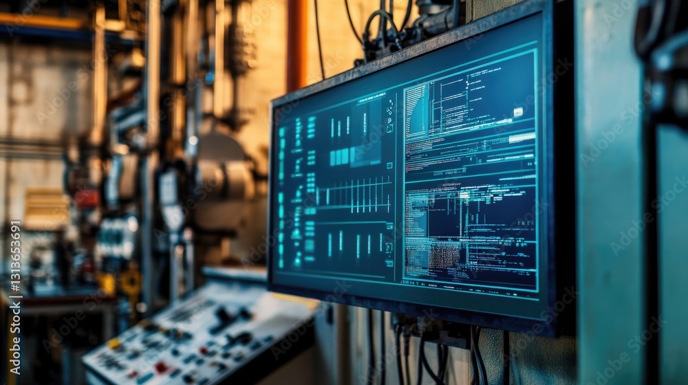 Poster A rugged industrial workshop with exposed wires and metal panels, showcasing a robust computer screen displaying dynamic programming code, symbolizing tech operations.