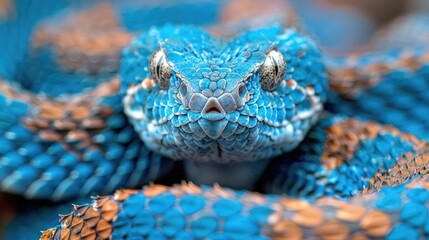 Fototapeta premium A close-up of a vibrant blue and orange snake showcasing its intricate scales and striking features.
