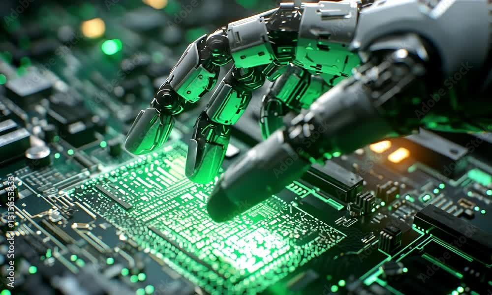 Poster a close-up view of a robotic hand interacting with a green-lit circuit board, symbolizing advanced t