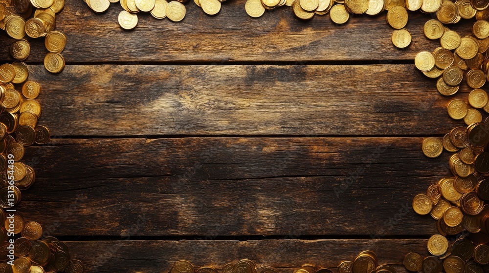 Poster A rustic wooden surface with a frame of golden coins, creating a luxurious and powerful representation of wealth and prosperity.