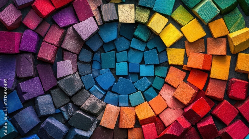 Poster colorful wooden blocks arranged in circular pattern creating a vibrant mosaic of various shades and 