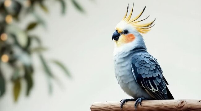 Sulphur-crested Cockatoo perched on branch, garden background, pet bird profile