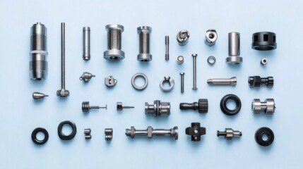 Obraz premium A collection of mechanical tools and industrial equipment against a light blue background.