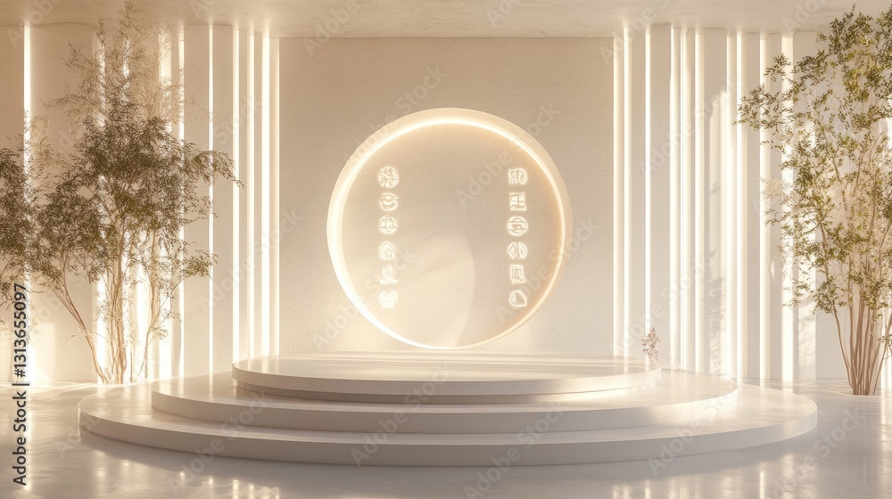 Poster A serene 3D rendering of a symmetrical design, with a large circular podium and LED screens featuring Zen symbols, creating a peaceful, calming ambiance.