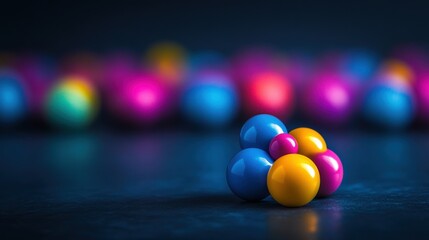 Colorful 3D Spheres on Dark Background with Depth of Field, Abstract Amusement, Modern Vibrancy, Artistic Creation, and Creative Design Inspiration