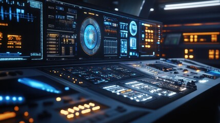 Obraz premium A digital manufacturing control room with dark blue industrial lighting.