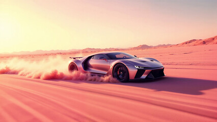 Obraz premium A luxury sports car speeds through bright pink sand dunes in bright sunlight