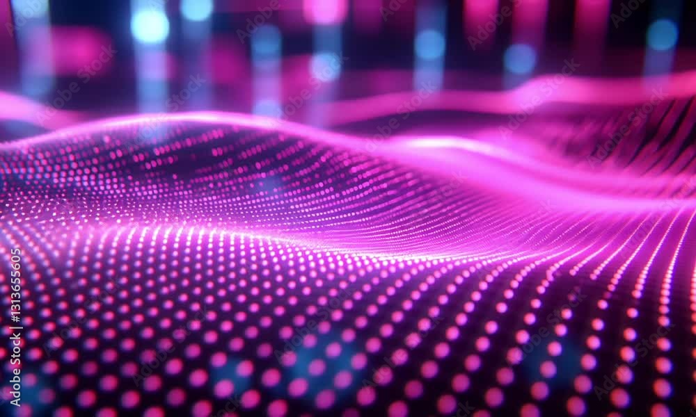 Poster a vibrant and abstract representation of digital waves illuminated with pink and blue lights, creati