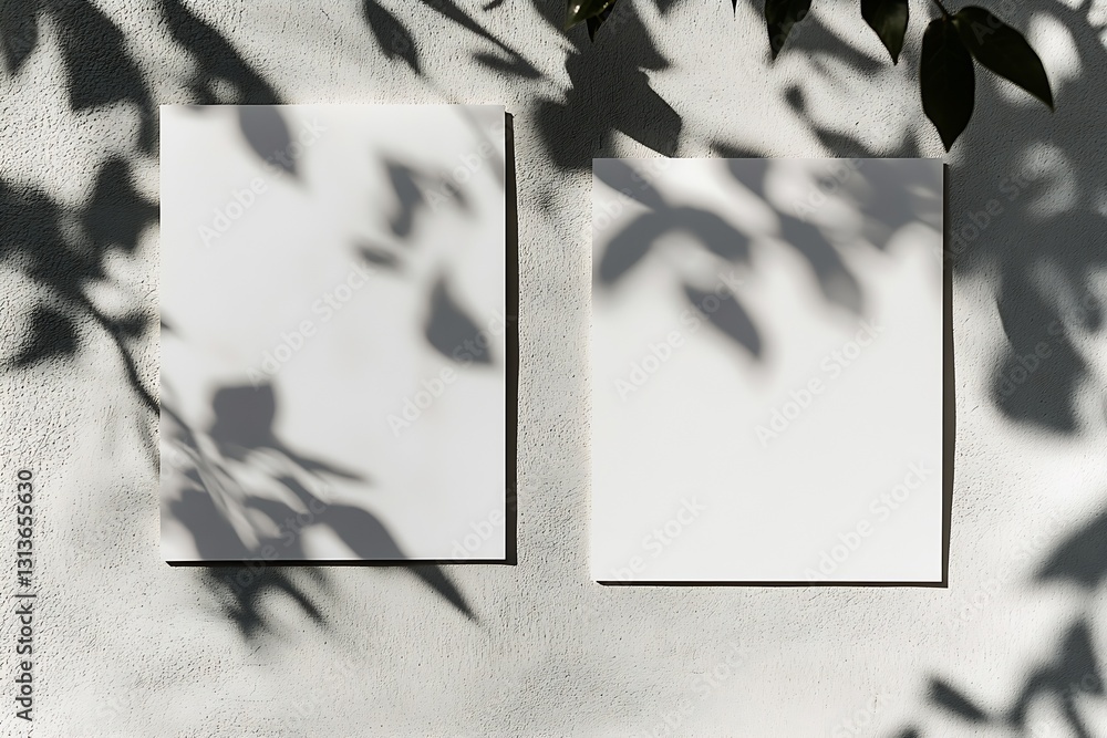 Aufkleber minimalist composition of empty white posters with shadows on textured wall and leafy background : g