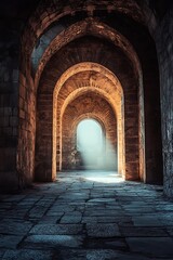 Fototapeta premium Ancient Stone Archway Corridor Light at the End