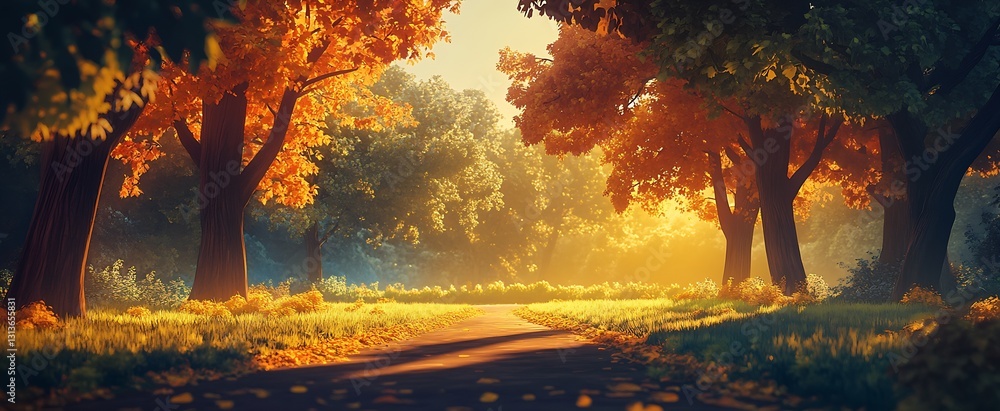 Poster beautiful autumn path lined with vibrant orange trees and warm sunlight illuminating the landscape :
