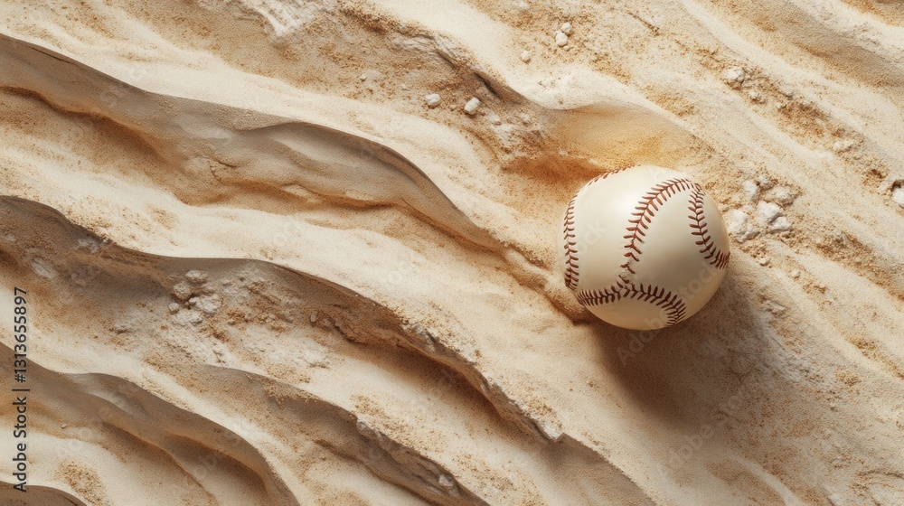 Poster baseball nestled in serene sandy textures at the golden ratio point for inspirational messaging spac
