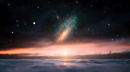 A celestial galaxy shines above an ethereal ocean landscape