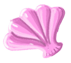 A cute pink shell drawn with crayons, featuring soft curves and vibrant colors, perfect for children's designs, evoking a playful, beachy vibe.

