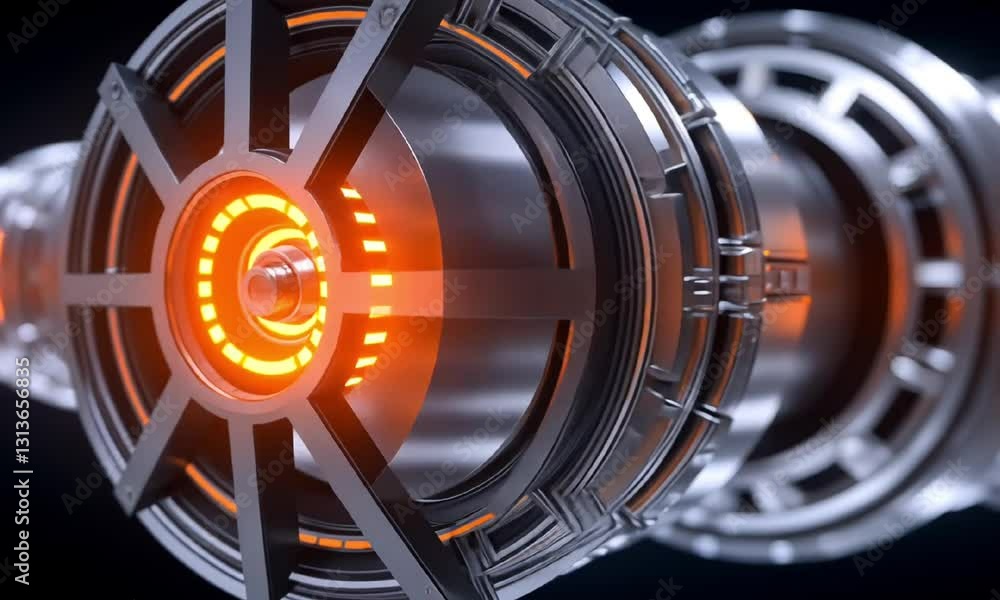 Poster close-up of futuristic metallic components featuring intricate designs and illuminated elements, sho
