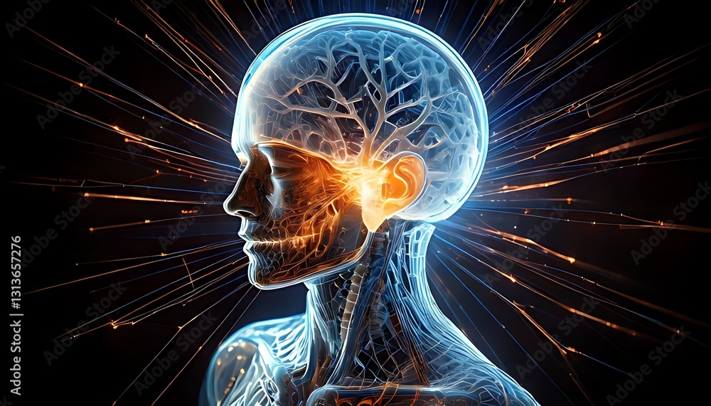 Poster exploring neural connections human brain visualization digital art abstract environment side profile
