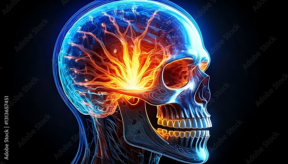 Poster neuroscience exploration human skull and brain digital art abstract environment side view knowledge 