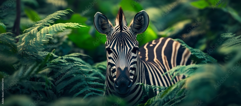 Poster zebra peering through lush ferns revealing its detailed stripes under soft ambient light : generativ