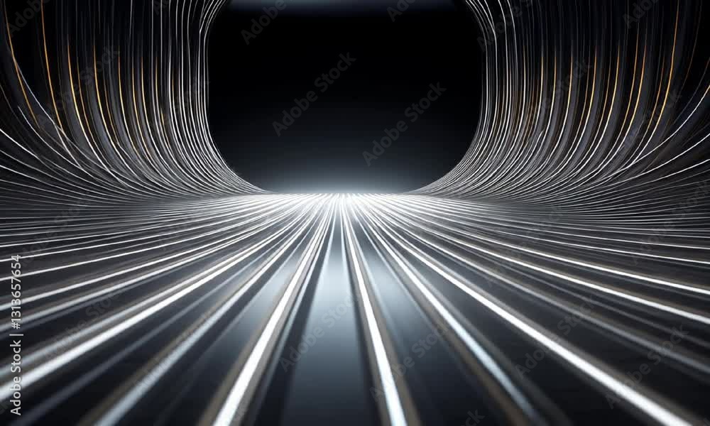Poster abstract futuristic tunnel with sleek metallic lines leading towards a bright light. this image evok