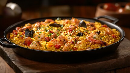 Delicious Seafood Paella in Cast Iron Pan