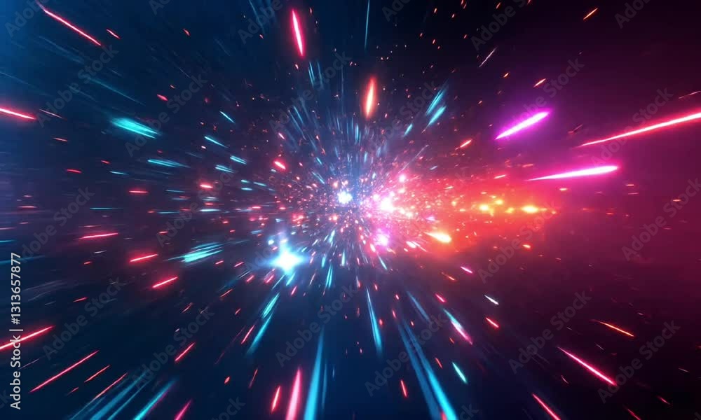 Poster an abstract representation of a cosmic explosion, showcasing vibrant colors and dynamic light trails