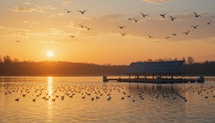Naklejka premium Serene Sunrise Over Water with Solar Panels and Flying Birds