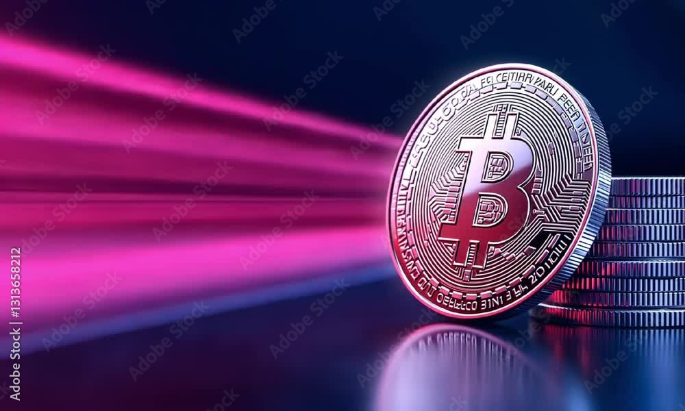 Poster dynamic digital representation of a bitcoin coin with colorful laser beams in the background, illust