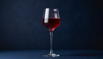 Elegant glass of red wine on dark blue background, sophisticated ambiance