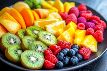Obraz premium Arranged colorful fruits on plate, showcasing healthy eating, dark background, for menu design