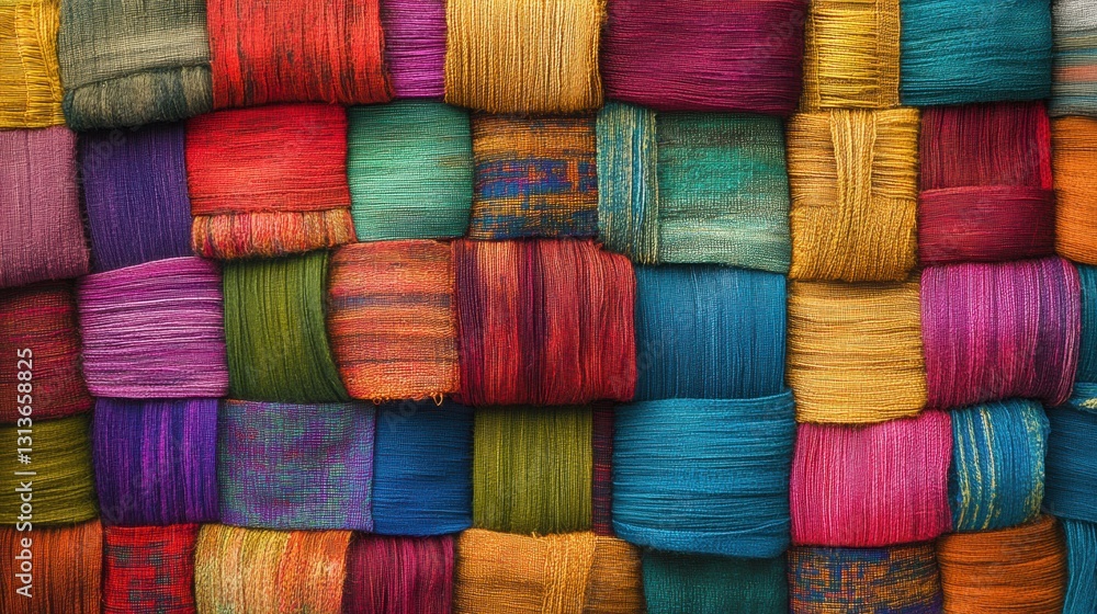 Poster vibrant textile display of multi-colored fabrics in neat vertical stacks for creative design inspira