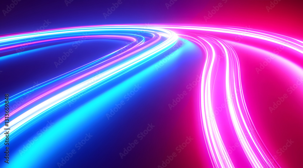 Poster tunnel and neon lines on black background 3d rendering