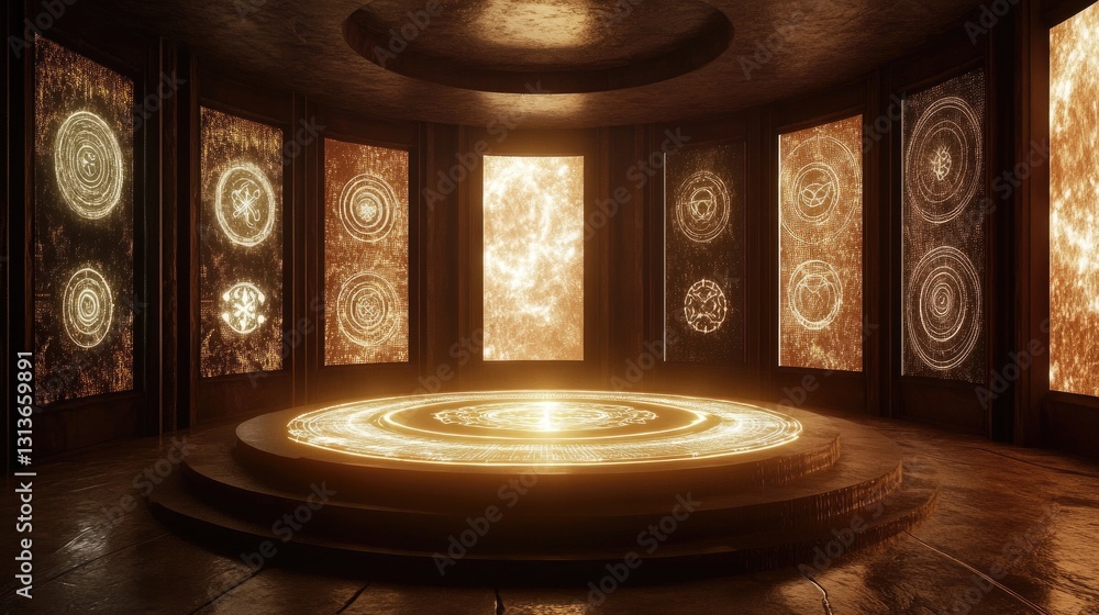 Poster A symmetrical 3D rendering of a large circular podium, surrounded by LED screens displaying Zen symbols and calming visuals, perfect for a serene and meditative environment.