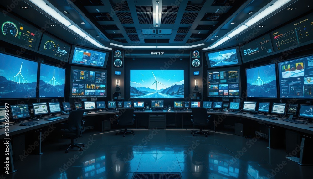 Poster high-tech control room with multiple monitors and wind farm display