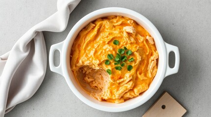 Delicious buffalo chicken dip in white baking dish, ready for sharing party