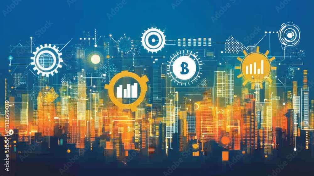 Poster futuristic cityscape augmented with crypto finance and blockchain technology icons integrated across
