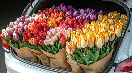 Beautiful tulips various colors fill trunk of car, creating vibrant display. arrangement includes red, purple, yellow, and white flowers