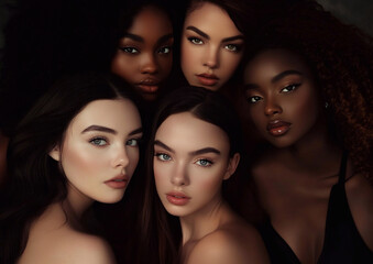 Obraz premium Young beautiful diverse women friends with natural makeup and various hairstyle standing together.Macro.AI Generative.