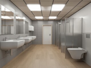 Fototapeta premium Modern Public Bathroom Interior Featuring Clean Sinks, Stall Partitions, Mirrors, Wall Panels, and Soft Lighting in a Spacious Design