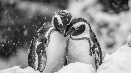World penguin day with wildlife photography idea. Tender penguins embracing in snowy landscape.