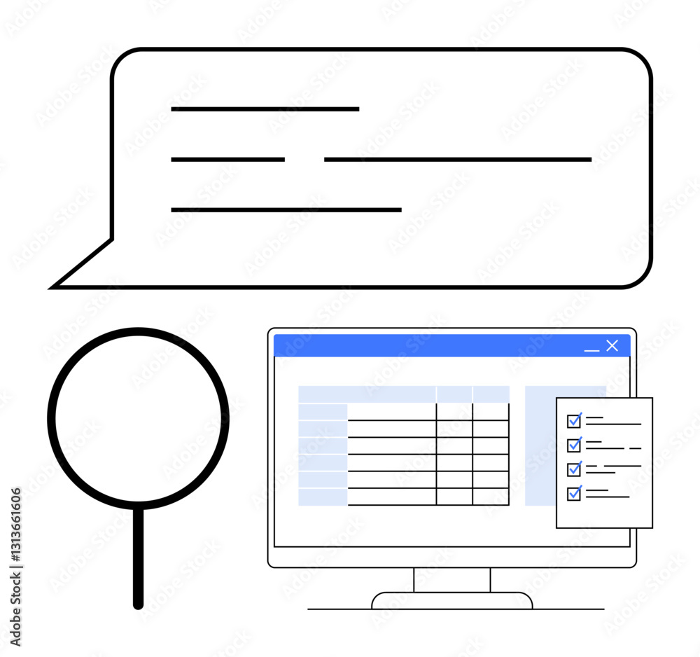 Aufkleber computer screen displaying data table, checklist, speech bubble, and magnifying glass. ideal for dat