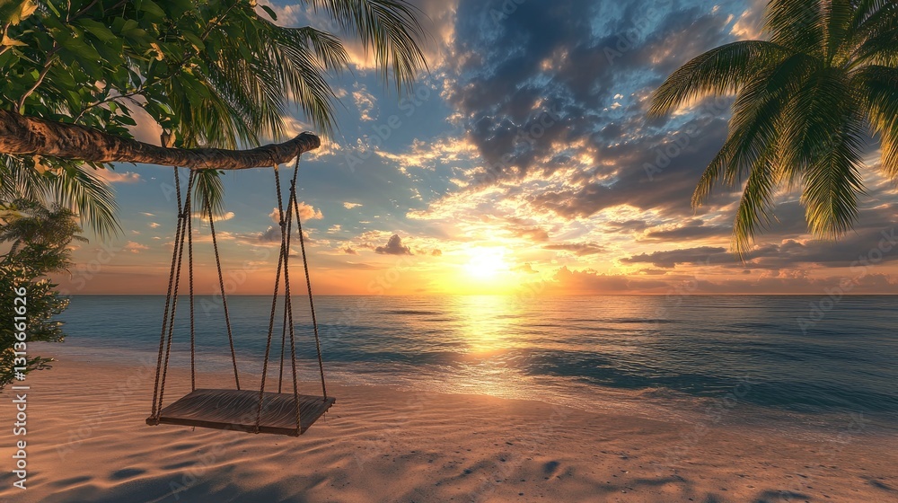 Poster a tranquil beach scene with a swing facing the ocean at sunset, capturing the essence of relaxation 