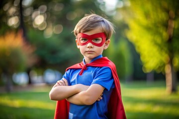 Naklejka premium A little boy in a superhero costume outdoors on the street. A child with superpowers. Hero. Costume party.