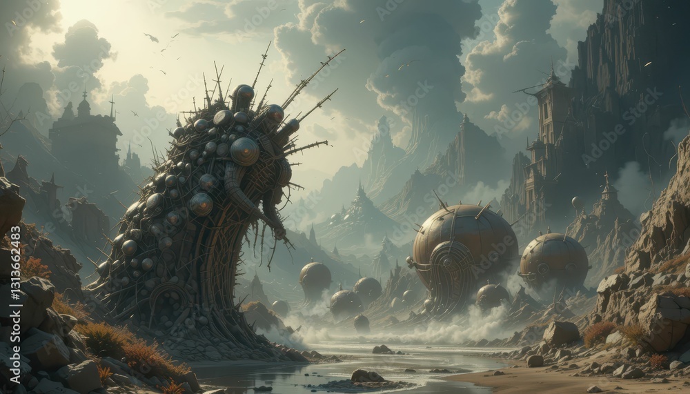 Poster surreal landscape with abstract creatures and floating spheres
